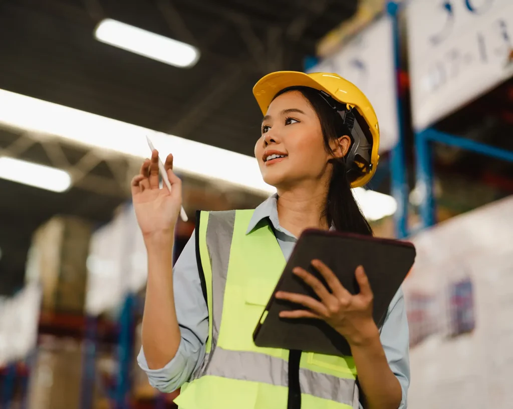 Asian woman warehouse supervisor checking stock